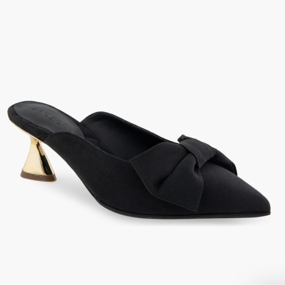 Aerosoles Juju Pointed Toe Mule Bow Gold Metallic Heel Black Fabric 11